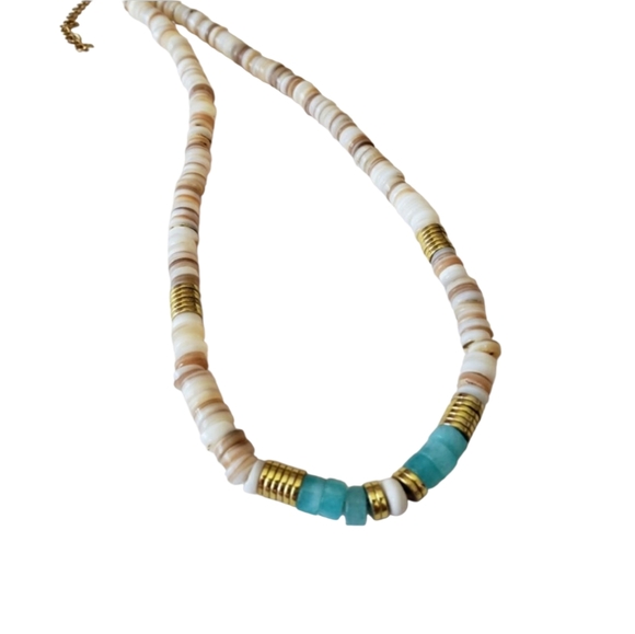 Jewelry - shell beaded necklace with blue stone and gold tone hardware,